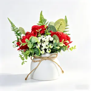 Artificial Red Rose and Berry Potted Plant with A White Pot Decorated with Jute Rope. Low-maintenance and Easy To Display, Floral Arrangements for Living Rooms and Dining Tables, Prop for Indoor and Outdoor Photography.
