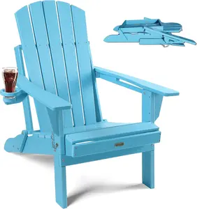 Folding Adirondack Chair with Cup Holder, Plastic HDPE Adirondack Furniture, Composite Fire Pit Chairs for Outdoor, Backyard, Garden, Lawn, Deck, Porch, Patio