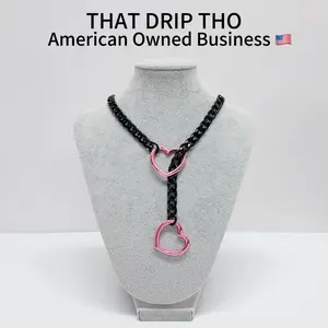 ThatDripTho Pink Heart Pendant Slip Chain Necklace with Heart O-Ring, Adjustable Cuba Long Chain for Couples, BF, GF, Punk Rock Jewelry for Women & Men, Trendy Daily Wear Accessory, Alternative Fashion Statement Necklace