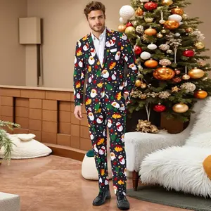 2025 Fashion Men's Christmas Suits Print Lapel V Neck Long Sleeve Blazer Jacket Pants and Vest 3 Pcs Sets