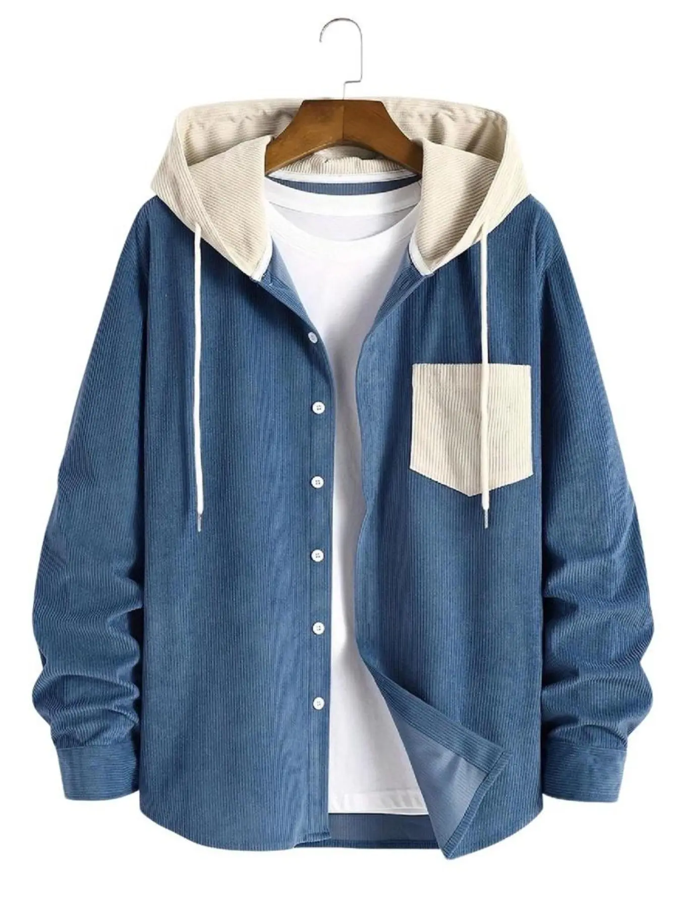 Men's Colorblock Striped Shirt Jacket, Corduroy Material, Hooded Design, New Stripe Open Front, Button Closure, Fashionable Men's Outerwear, Casual Jacket