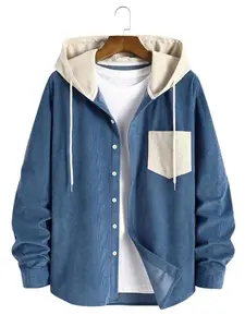 Men's Colorblock Striped Shirt Jacket, Corduroy Material, Hooded Design, New Stripe Open Front, Button Closure, Fashionable Men's Outerwear