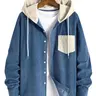 Men's Colorblock Striped Shirt Jacket, Corduroy Material, Hooded Design, New Stripe Open Front, Button Closure, Fashionable Men's Outerwear, Casual Jacket, Casual Outerwears