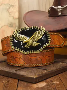 Men's Eagle Design Western Belt, Fashionable Flower Bull Pattern Cowboy Belt, Retro Bohemian Style Western Belt for Party, Daily Clothing Decor