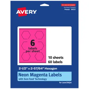 Avery Neon Magenta Paper Labels, 2-1/2" x 2-57/64" Hexagon