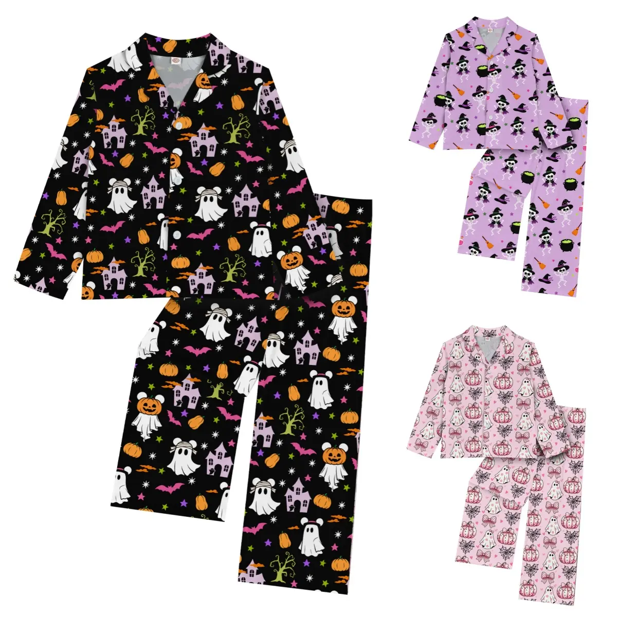 Kids Halloween Pajamas Set Ghost Pumpkin Bat Print Long Sleeve Sleepwear for Boys Girls