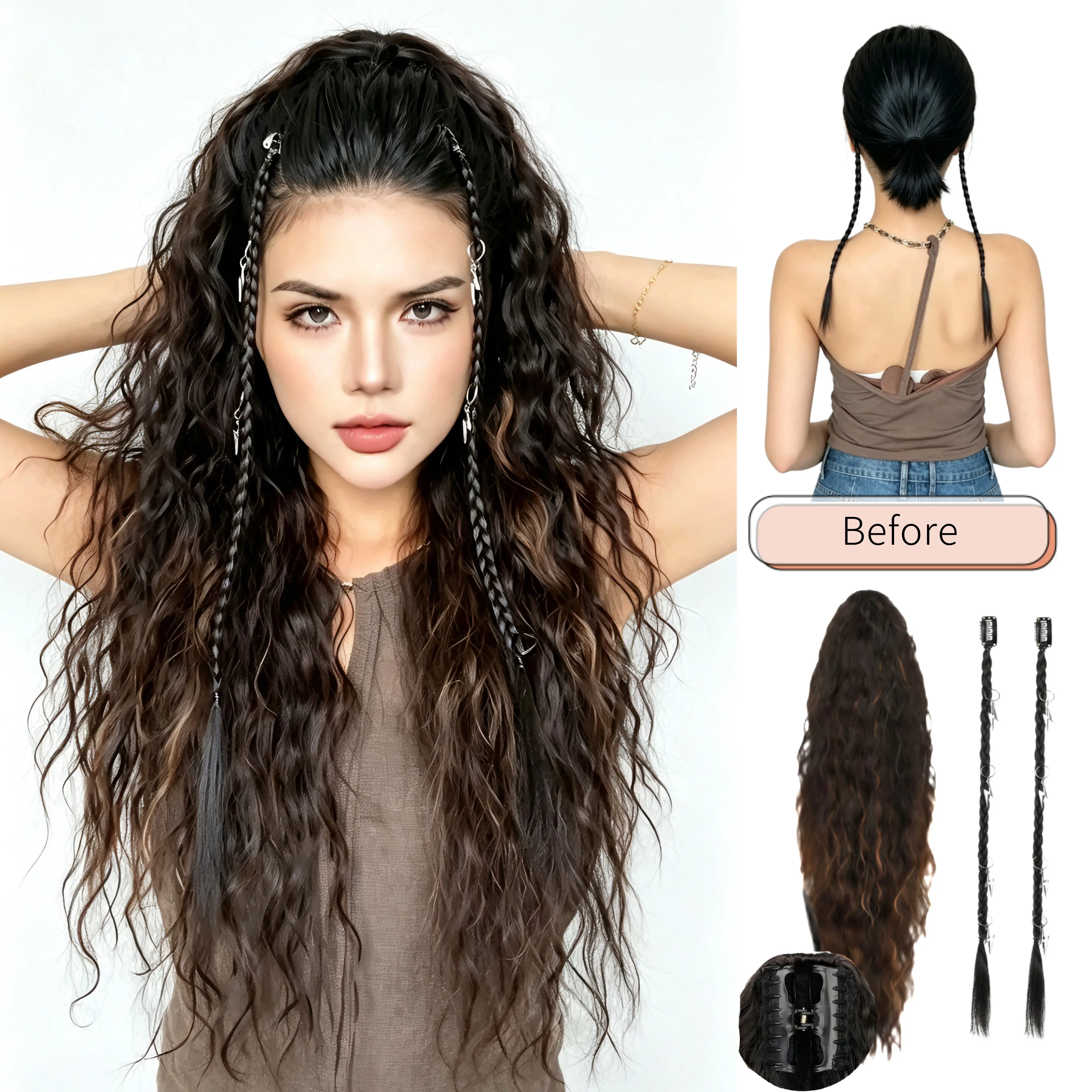 30 Inch Fluffy Wavy Ponytail Extension for Women, Natural Looking Claw Clip Synthetic Hairpiece in Black Brown with 2 Braids & Charms for Daily Wear
