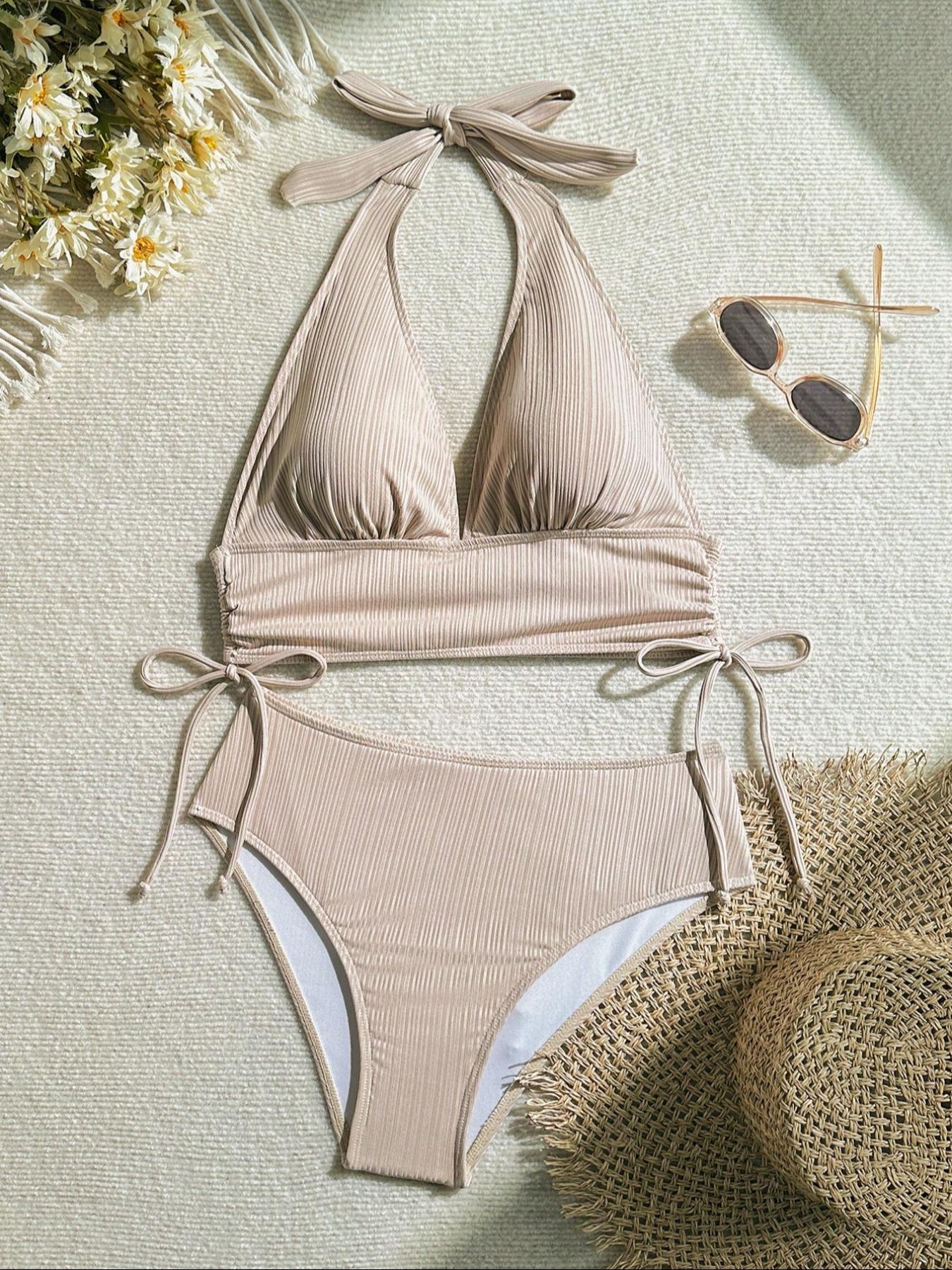 Two-Piece Set Women's Solid Color Bikini Set, Casual Fashion Chic Swimsuit Set, Ladies Swimwear for Beach Holiday Vacation