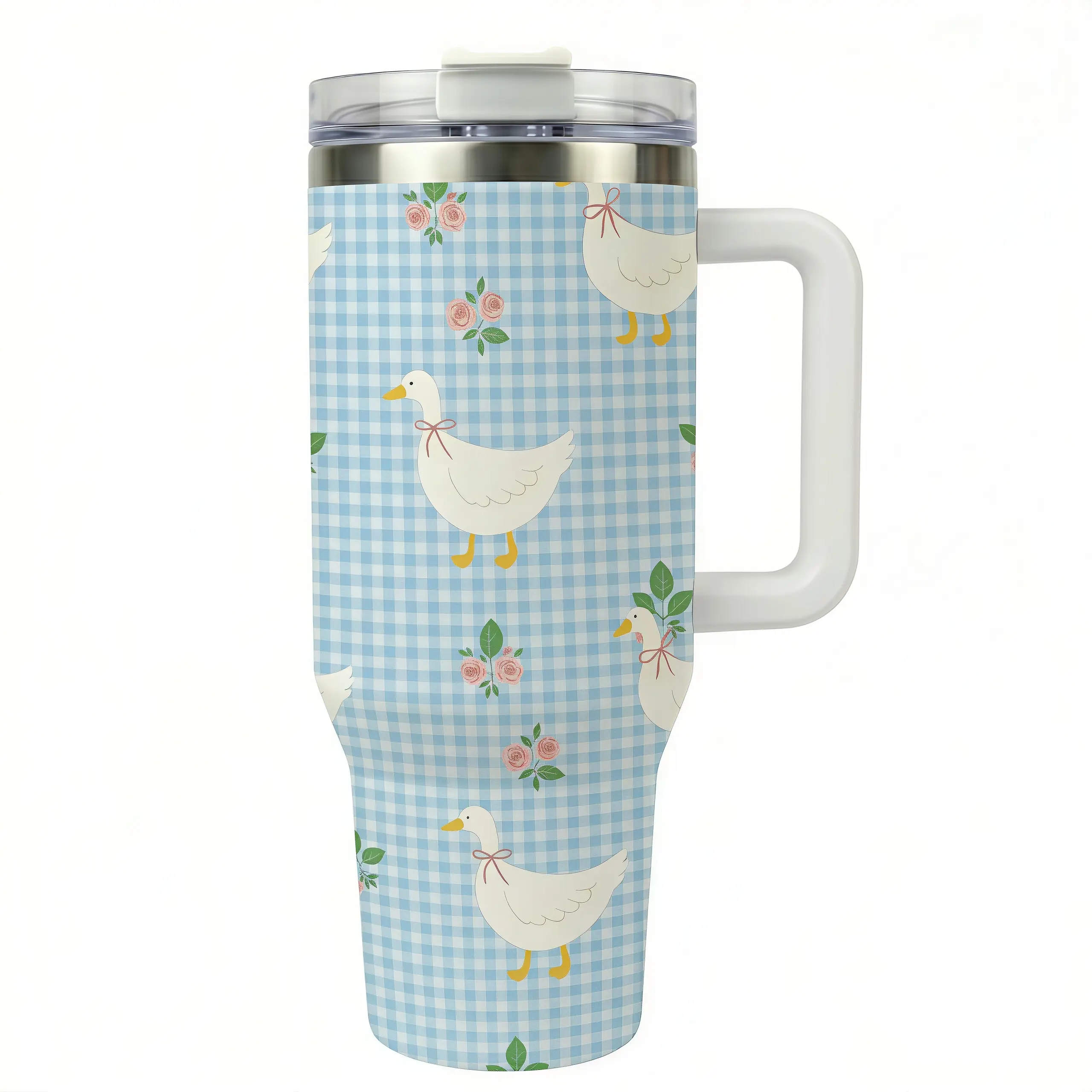 40oz Stainless Steel Reusable Vacuum Insulated Tumbler with Handle, Lid & Straw - Cute Goose Rose Floral Print Blue Gingham Portable Coffee Flask, Mother's Day Gift for Women, Mom