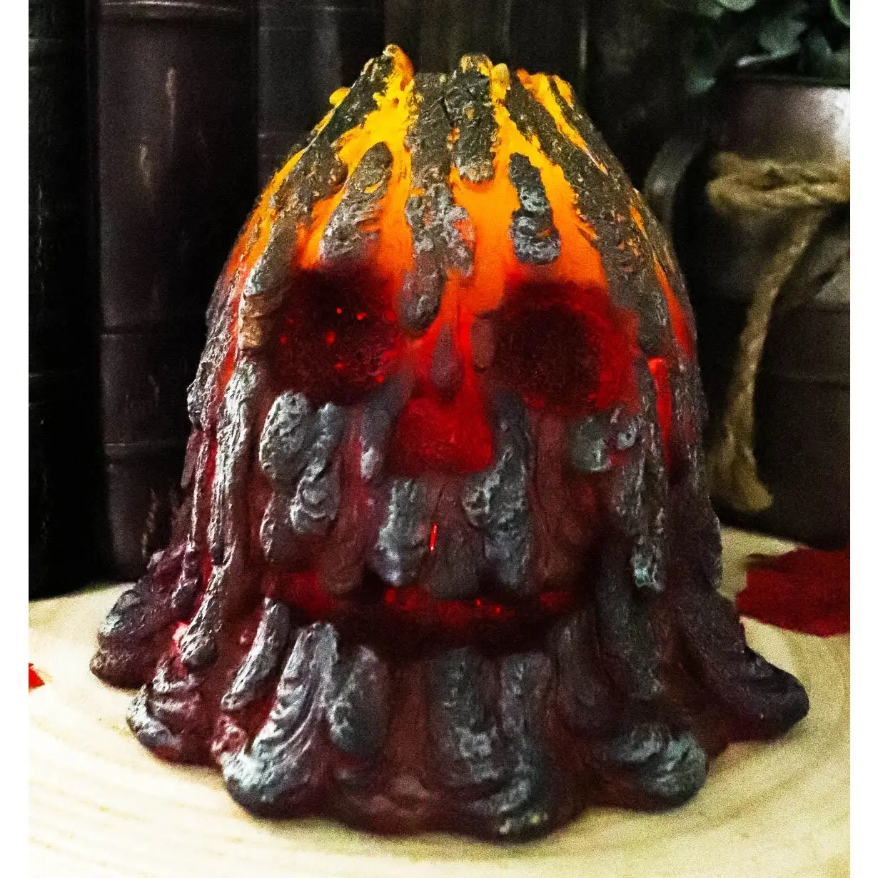 Haunted Volcano Lava Magma Fire Grinning Skull Shape LED Night Light - 5x5.5x5.25in Hand Painted Statue Figurine, Battery Operated Home Decor