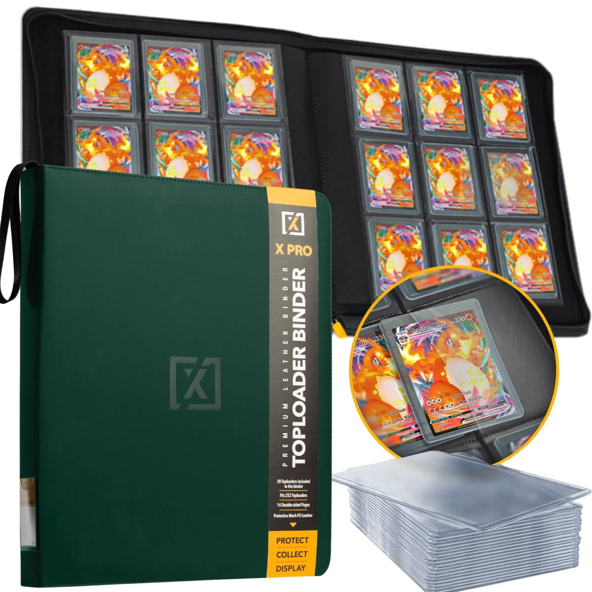 Green Toploader Binder | Holds 252 Toploaders | 20 Toploaders INCLUDED