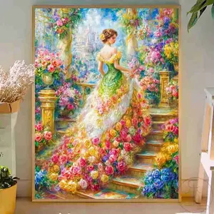 5D Full Drill Diamond Painting Kit - Elegant Lady in Floral Gown on Golden Staircase, European Oil Painting Style, Round Acrylic Diamonds, Romantic Palace Themed DIY Art for Home Wall Decor, Ideal Gift for Art Lovers & Craft Enthusiasts