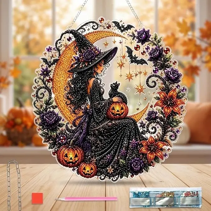 Halloween Diamond Art Kit for Adults, Witch Pearl Art Acrylic Hanging Decor, Easy Beginner DIY Fall Home Decor Wall Art, Spooky Cute Seasonal Party Gift