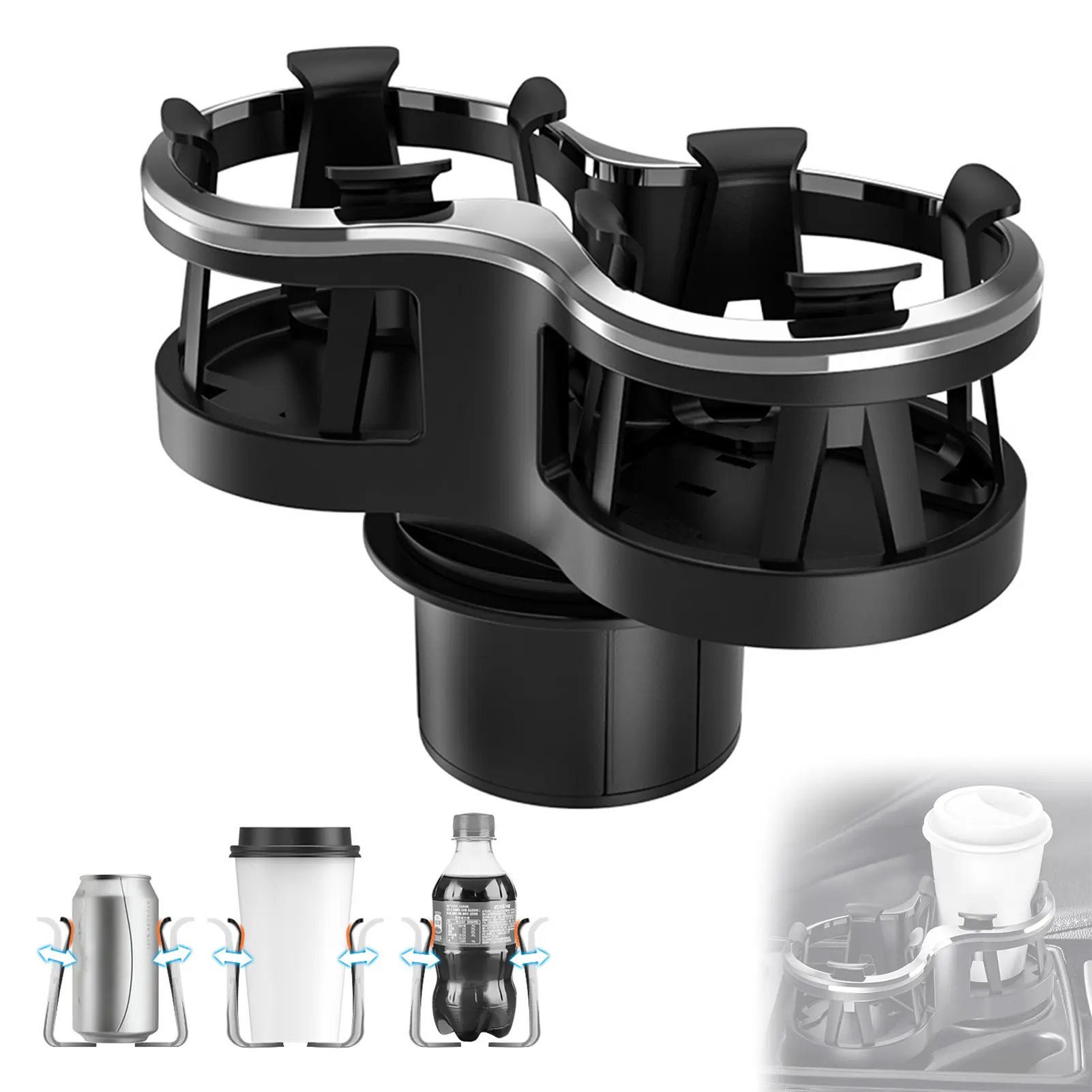 2-in-1 Car Cup Holder Expander, Dual Drink Holder for Cars & Vehicles, Secure Grip, Space-Saving Design, Easy Installation, Universal Fit for Most Cups & Bottles, Automotive Interior Organizer Accessory