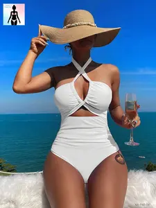 2026 trendy one-piece swimsuit with halter neckline, twisted front detail, cutouts, ruching, solid color, tummy control, flattering and slimming, sexy yet elegant design for summer beach, pool parties, and vacations; women’s plus-size, size-inclusive swim