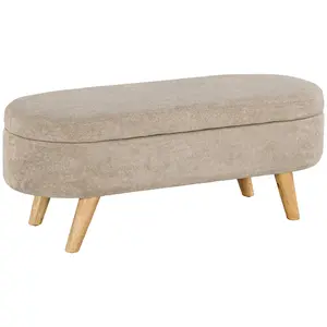Storage Ottoman Bench – 43.3" Upholstered End of Bed Bench with Wood Legs, Hidden Storage Compartment, Soft Teddy Fleece Upholstery, 264 lbs Capacity, for Bedroom, Entryway, Living Room, Beige