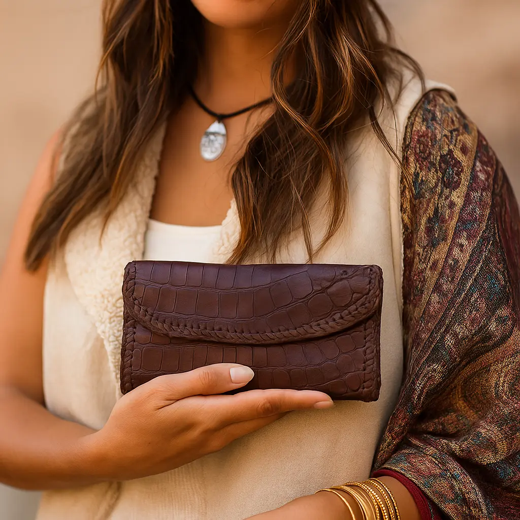 Coffee Brown Alligator Leather Clutch