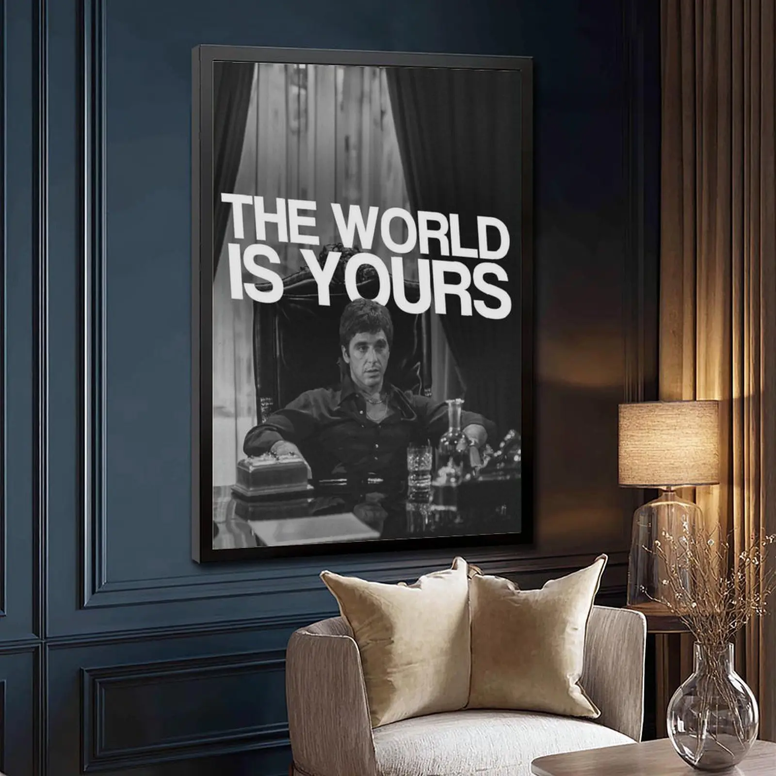 Scarface 'The World Is Yours' Single Print Artistic Wood Wall Art - Black & White Tony Montana Movie Poster, Retro Gangster Quote Decoration, Frame-Worthy Home Decor for Living Room, Wardrobe, Balcony, Kid Room, All Seasons Office Artwork