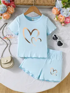 Girls' pit-strip short-sleeved shirt and shorts set, simple and pure color casual two-piece single set, girls' summer 2-piece single set, top T-shirt with cartoon heat transfer printing pattern matched with summer shorts, floral ear design