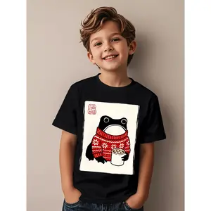 Cute Black Frog Character Graphic T Shirt for Kids Red Sweater with Snowflake Patterns Fun Design Perfect for Young Boys Casual Wear Everyday Style