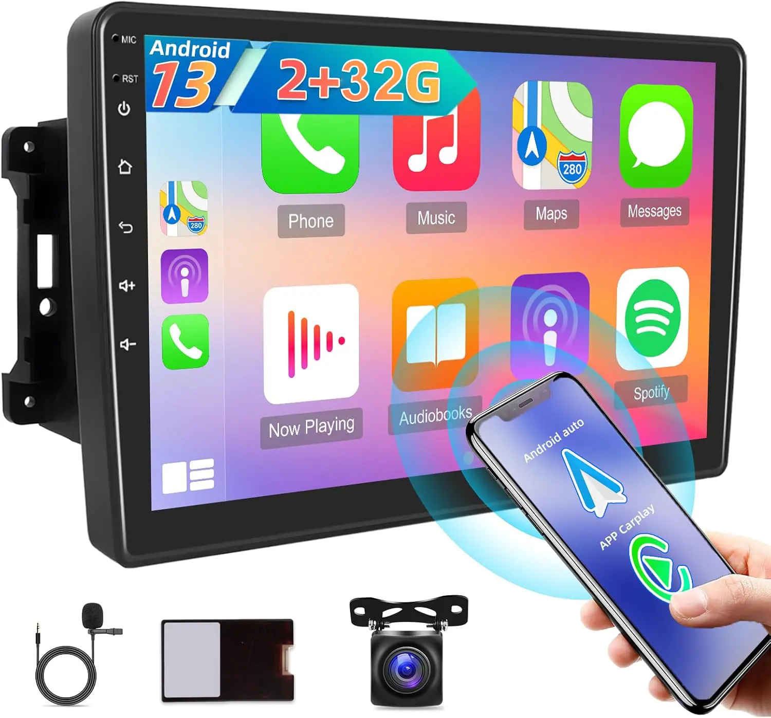 10.1" Wireless CarPlay Touchscreen Car Radio for Jeep Wrangler JK 2007-2015, Android 13, Android Auto, GPS Navigation, Bluetooth, Wi-Fi, SWC, Backup Camera, 1080p Display, 2GB RAM, Quad-Core CPU, Tempered Glass, 32GB Storage