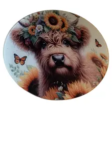 Highland Cow Glass Cutting Board 11.75" Tempered Glass Decorative Farmhouse Kitchen Board with Vibrant Cow Artwork Non-Porous Surface Ideal for Cutting Serving or Display