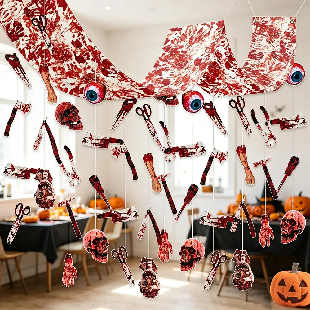 Halloween Horror Hanging Decoration Kit, 106 x 11.8 Inch Red Handprint Banner with 48 Double-Sided Spooky Cutouts and DIY Hanging Accessories for Haunted House, Garage and Party Decor