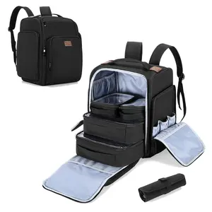 Makeup Backpack with 4 Removable Pouches & 1 Brush Bag, Travel Makeup Case with Multiple Storage Spaces for Hair Supplies, Black