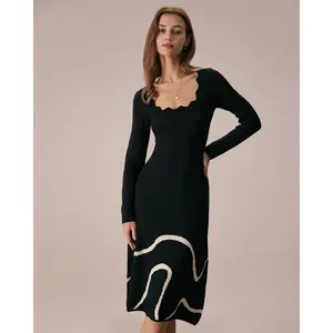 The Black Wave Scalloped Sweater Midi Dress
