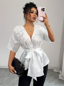 Women's Lace V-Neck Shirt, Short Sleeve Tie Waist Ruffle Blouse, Commuter/date/workplace Elegant