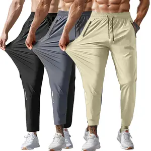Summer quick-drying sports casual pants, loose plus size ice silk air conditioning pants, couple style casual long pants, ice-sense pocket zipper pants, ankle-length nine-inch pants, men's pants, suitable for running, jogging, yoga fitness and golf sports