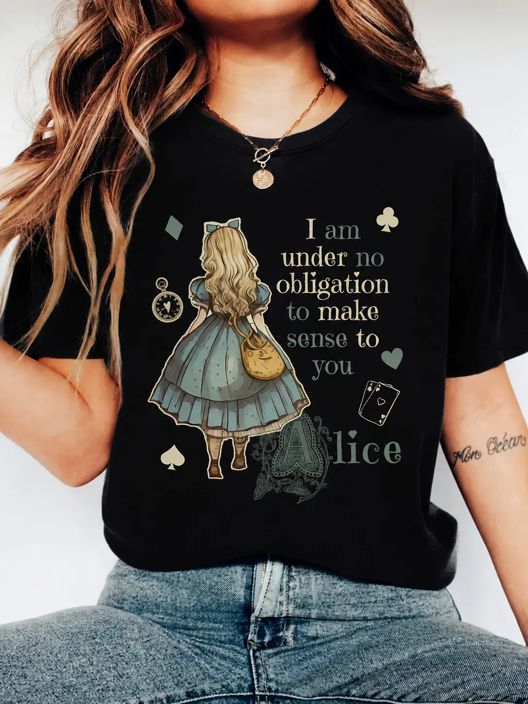 Women's Alice "I Am Under No Obligation" Print Short-Sleeve Cotton Fabric Apparel - Everyday Spring/Summer Daily Commute Casual T-Shirt, Round Neck, Comfortable, Breathable, Elegant Vacation Style, Sporty Trendy Design