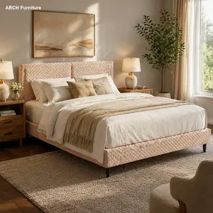 Simple Modern King-Sized Bed Frame with Clean Lines, Plush Fabric, Soft Padding, Solid Wood Backrest for Indoor Bedroom Use