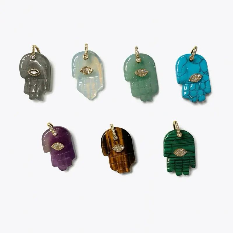 Sterling Silver Hamsa Necklace with Natural Stone Pendant, Unisex Fashion Jewelry Charm Featuring Eye Detail, Assorted Colors