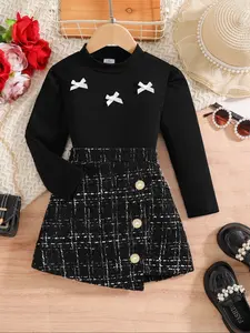 Girls' Fashion Elegant Ribbed Set, Knit High Neck Long Sleeve Top + Plaid Asymmetrical Skirt, Perfect for Christmas & New Year, Winter Set