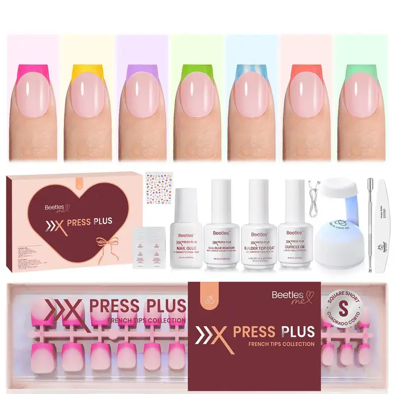 [Exclusive to TTS] Beetles X Press Plus French Tip Press On Nails Set, 7 Colors Classic Natural Salon Quality Nail Tips, No Glue Included, Easy DIY Home Manicure Press Ons for Women Girls, Spring Summer Vacation Nails