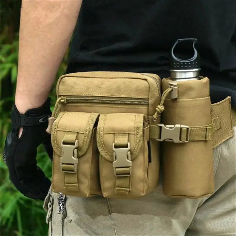 Durable multi-pocket waist bag, lure fishing waist bag, waterproof water bottle waist bag for wilderness use. Ideal for hiking, fishing, running, and cycling. Features lightweight ergonomic belt design with secure zipper closure for outdoor activities.
