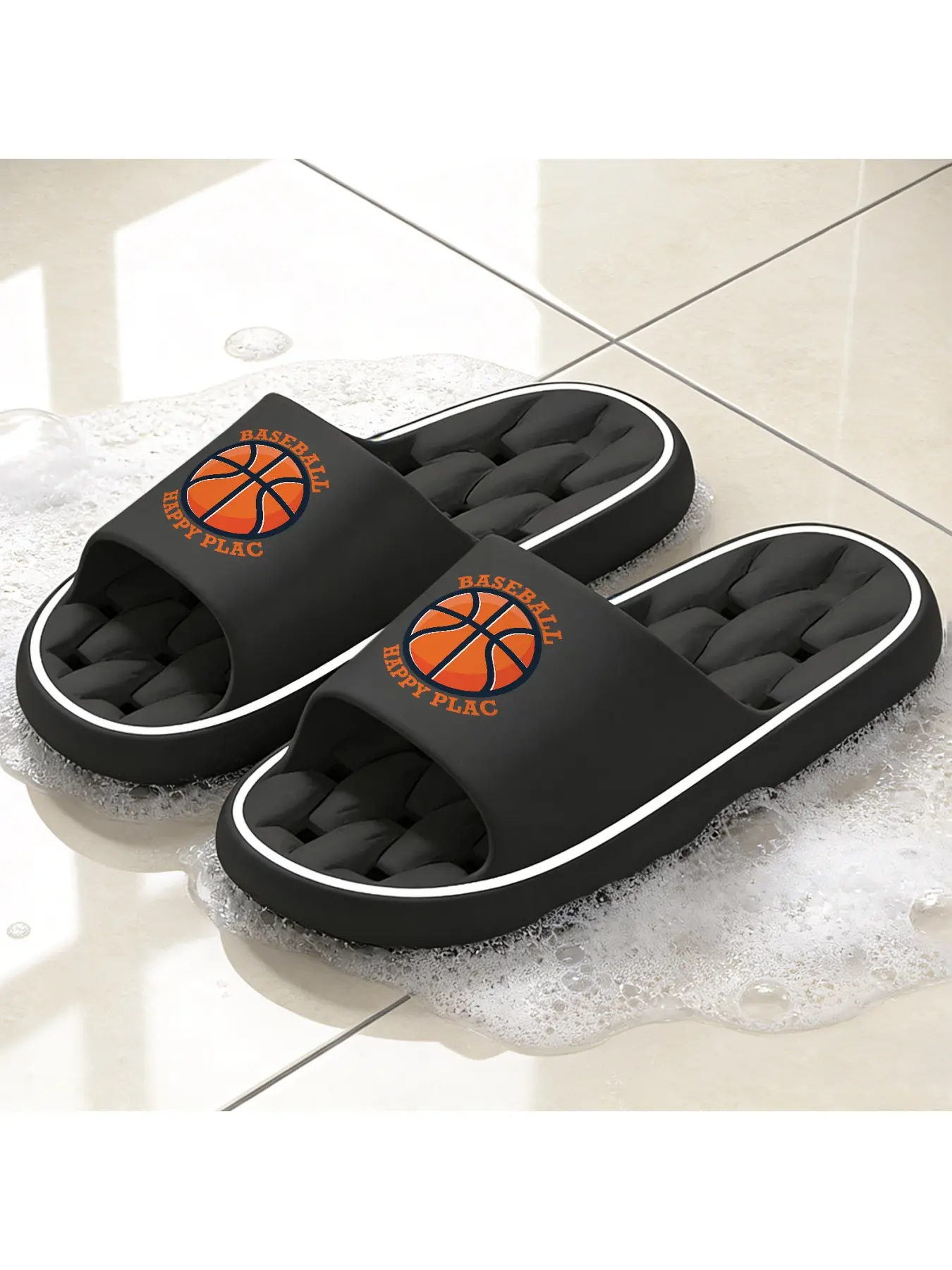 Men and Women Universal Basketball Theme Outdoor Slippers, Hollow Out Sole Breathable Quick-Drying Slides, Non-Slip Slippers for Home Bathroom Shower, Soft Sole Slippers for Outdoor Beach Vacation,
