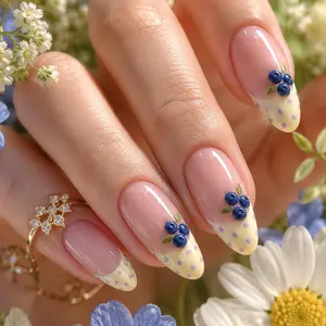24 Almond Shape Nail Tips, Polka Dot French Edge, Blueberry & Leaf Design, Glossy Jelly Nails, Reusable, Includes Glue & File, Diy Nail Art
