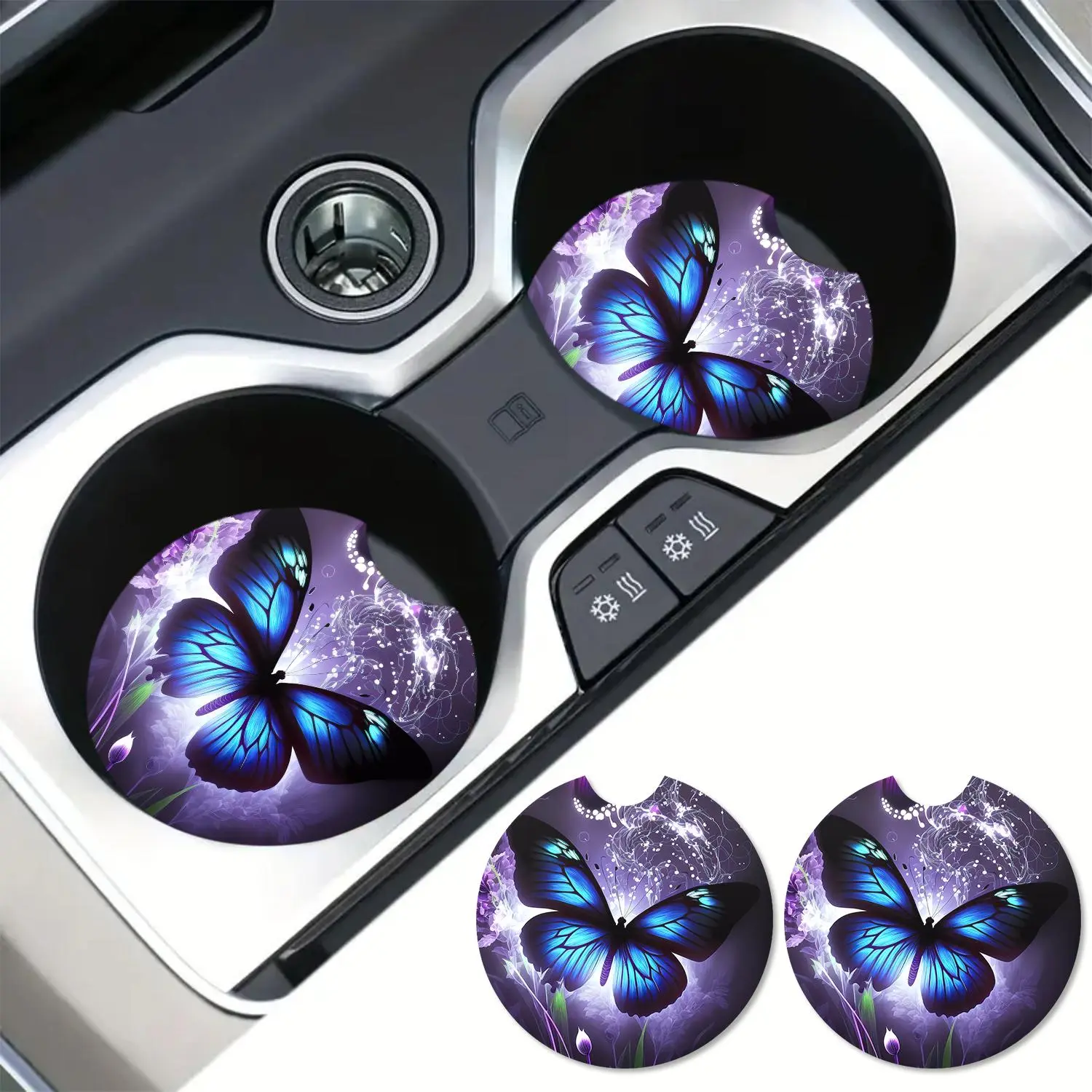 Butterfly Pattern Car Coaster, 2 Counts Round Anti Slip Car Cup Holder Mat, Car Cup Holder Decoration, Universal Car Interior Decoration Accessories, Boujee Car Accessories, Aesthetic Car Accessory