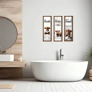 Funny Highland Cow Bathroom Decor Art, 3-Piece Farmhouse Framed Set, Cute Cow Reading, Showering, Playing Paper, Vertical Wall Decor for Bathroom