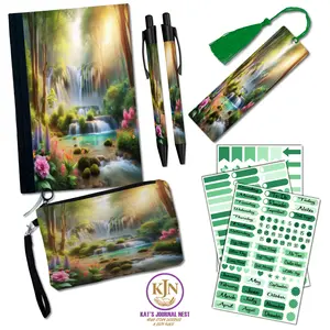 Echoes of Nature Waterfall Cozy Add‑On Bundle – Personalized Fabric Hardcover Journal with Pens, Bookmark, Stickers & Linen Pouch  Kat’s Journal Nest