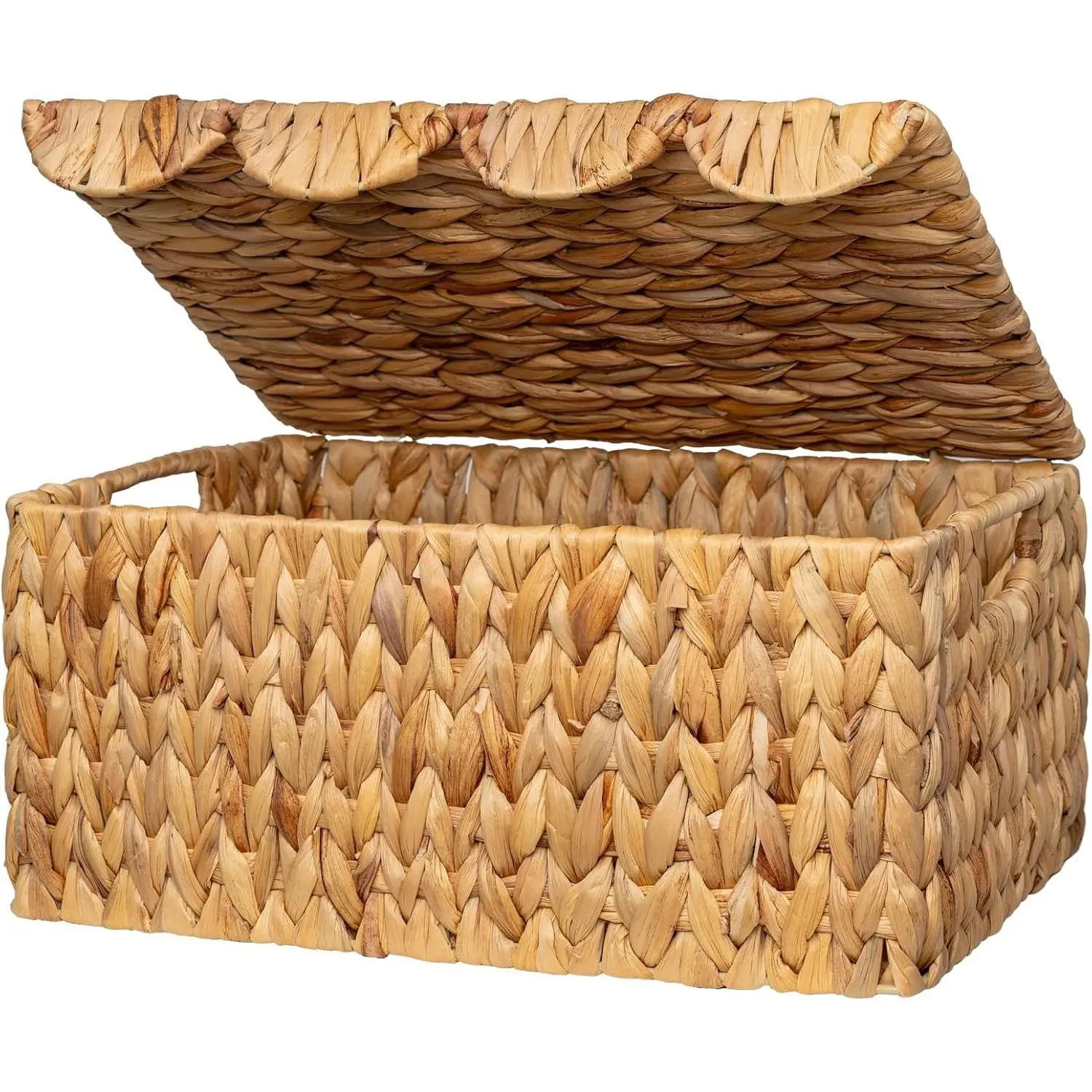 Wicker Basket with Scalloped Edge Lid, Water Hyacinth Basket with Built-in Handles, Handwoven Wicker Box for Living Room, 15" L x 11  1/4 " W x 7" H