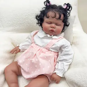 24inch 60cm Black Realistic Newborn Toddler Toy Baby Doll with Vivid Hand Rooted Curly Hair Soft Vinyl Ideal for Birthday or Christmas Gift