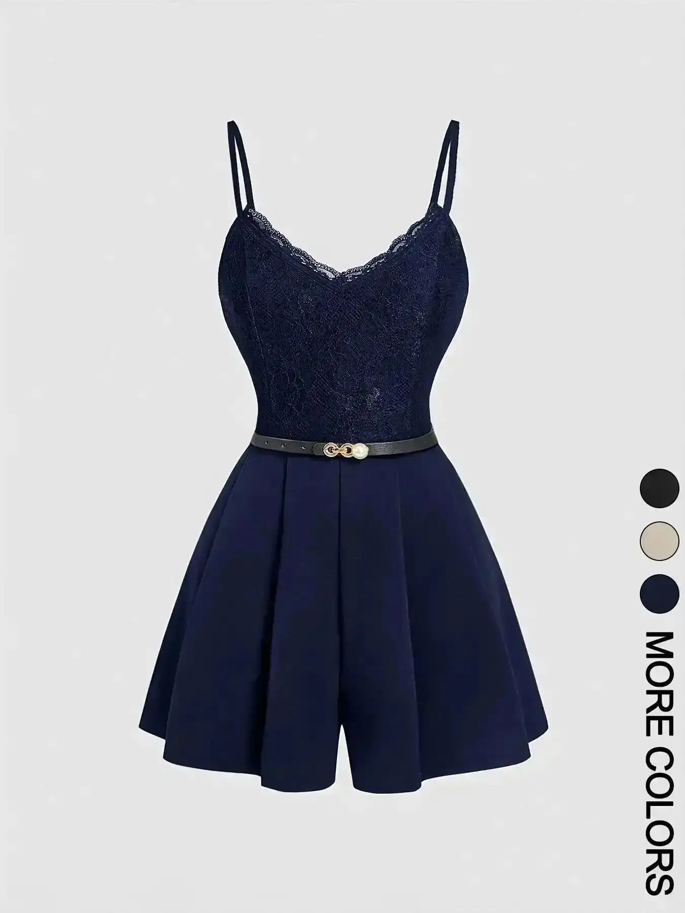 Stylish 1 piece Women's Spring Summer Lace Spliced Cami Fitted Playsuit V Neck Sleeveless Womenswear Jumpsuit with Belt, Chic Elegant Fashion for Casual Outings, Getaway Style, Holiday Outfit, Coffee Date, Everyday Chic