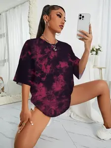 Women’s Tie Dye Crew Neck T-Shirt | Clean Girl Loose Street Style Summer Top | Dopamine Fashion Daily Wear | TikTok Trending White-Look Short Sleeve Tee