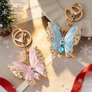 1-2pcs Enamelled Butterfly Keychain - Fabric-Encrusted Elegant Pendant, Lanyard Loop, Stylish Bag Hanger, Valentine’s Day Gift