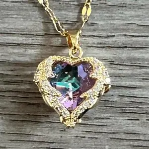 The Fortune Family 18K Gold Heart Stainless Plated Cubic Zirconia & Amethyst Heart Pendant Necklace 18" inch Chain Valentines Day Gifts Adjustable Love Necklace Length and Charm Girlfriend Mom Wife Gift