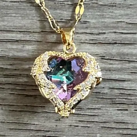 The Fortune Family 18K Gold Heart Stainless Plated Cubic Zirconia & Amethyst Heart Pendant Necklace 18" inch Chain Valentines Day Gifts Adjustable Love Necklace Length and Charm Girlfriend Mom Wife Gift
