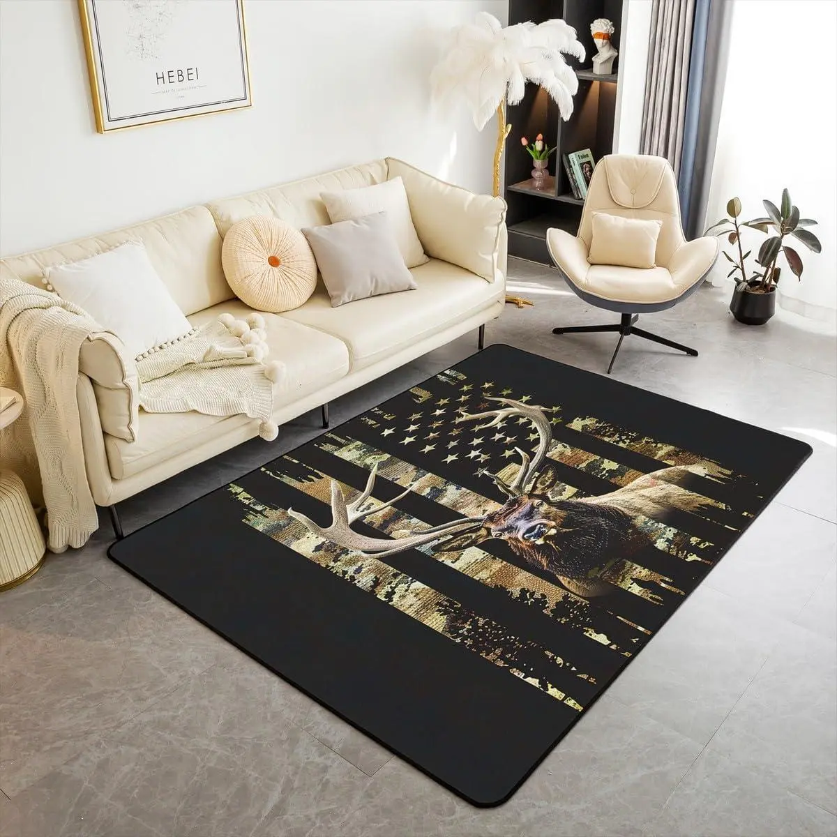 American Flag Area Rug Deer Living Room Rugs for Kids Boys Girls Deer Hunting Decorative Carpet Antlers Wild Animal Indoor Floor Mat Area Rug